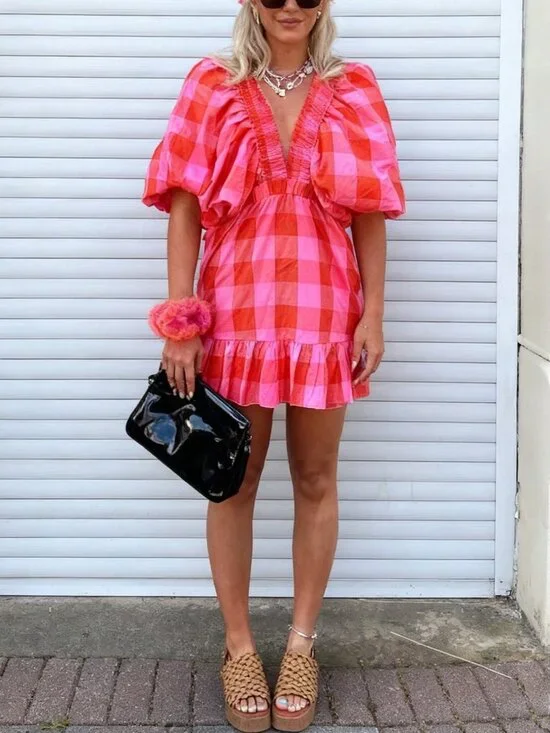 Pink Women's oversize plaid print puffed sleeve Mini Dress - Picture 5 of 7